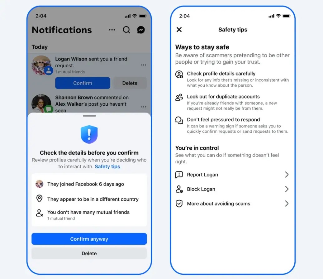Alertas de Facebook para solicitudes de amistad sospechosas (Fuente: Meta)